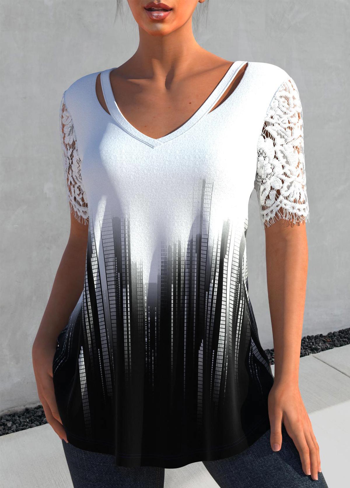 White tops,Black tops,Ombre tops,Geometric tops,Striped tops,ROTITA Patchwork Ombre White V Neck T Shirt