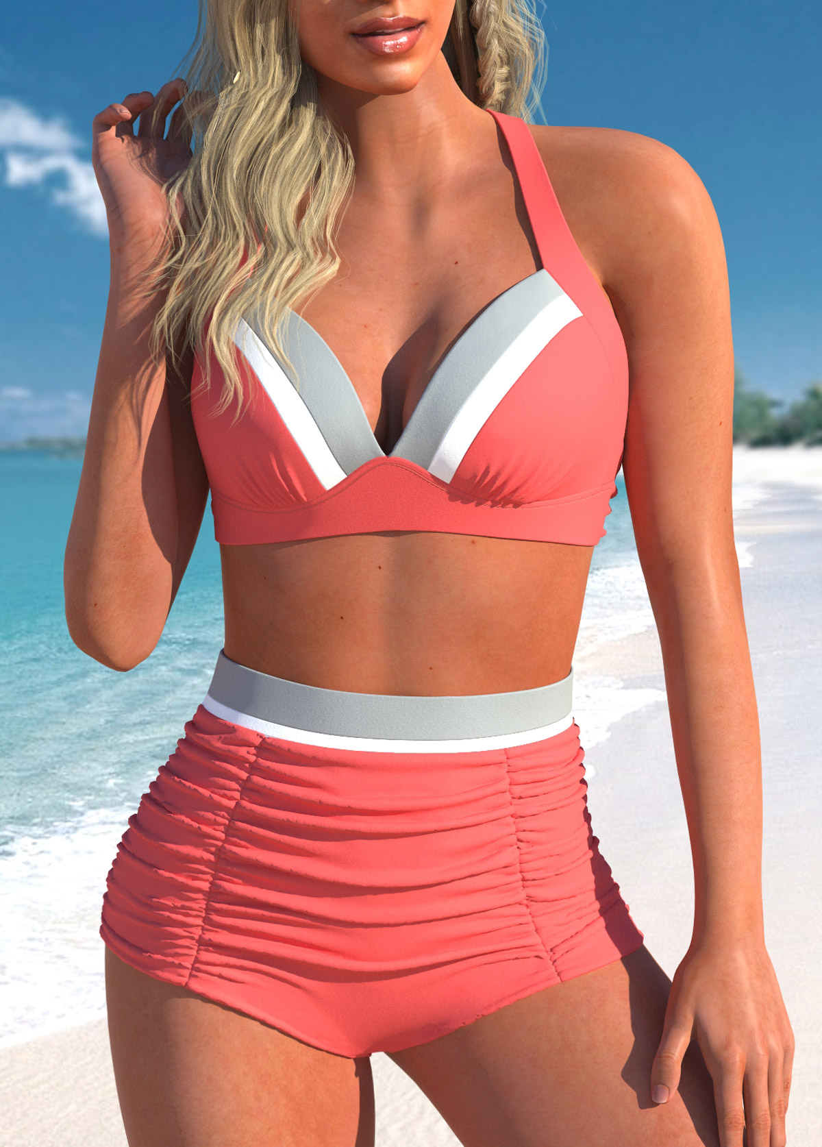 Criss Cross Tie Back Coral Bikini Set