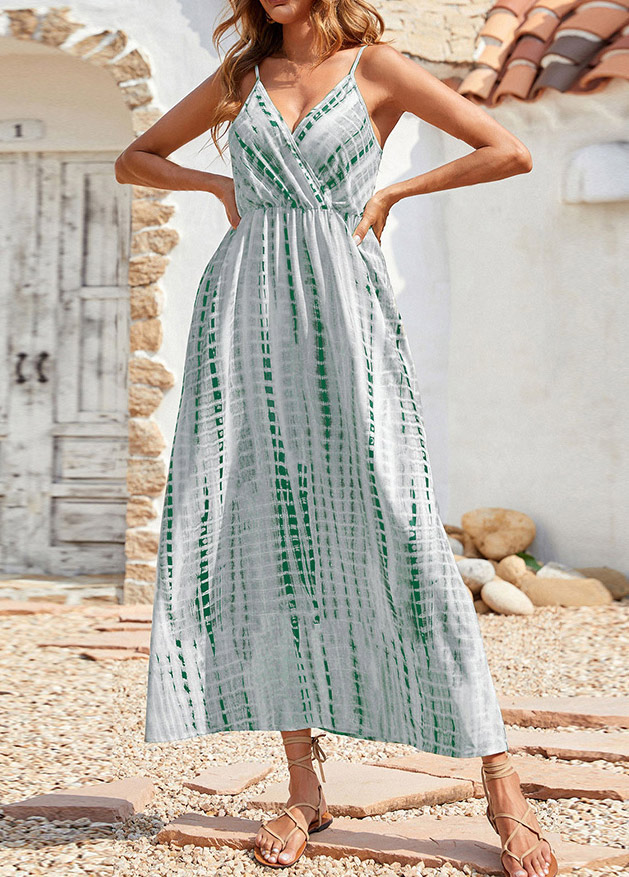 Green dresses,Light Grey dresses,Tie Dye dresses,Surplice Tie Dye Print Green Maxi Dress