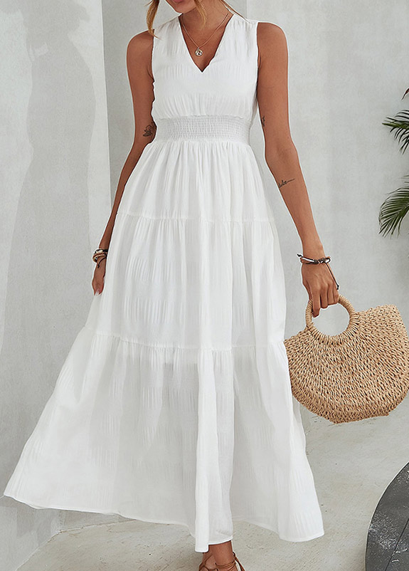 Smocked White V Neck Sleeveless Maxi Dress