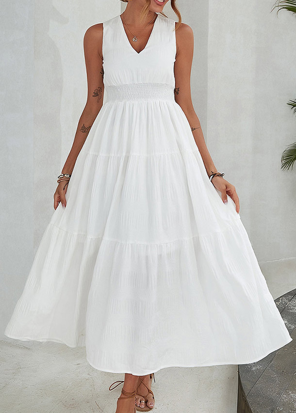 White dresses,Plain Color dresses,Smocked White V Neck Sleeveless Maxi Dress