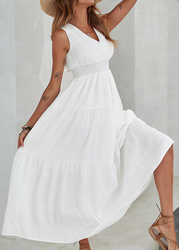White dresses,Plain Color dresses,Smocked White V Neck Sleeveless Maxi Dress