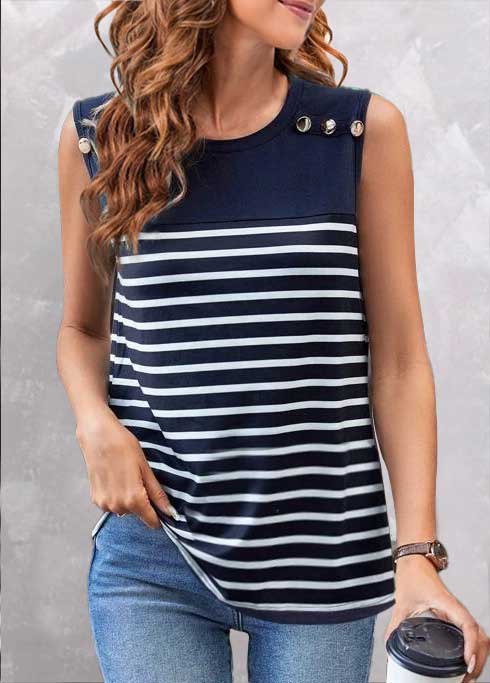 Navy tops,Striped tops,ROTITA Button Striped Navy Round Neck Tank Top