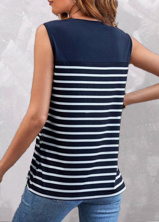 Navy tops,Striped tops,ROTITA Button Striped Navy Round Neck Tank Top