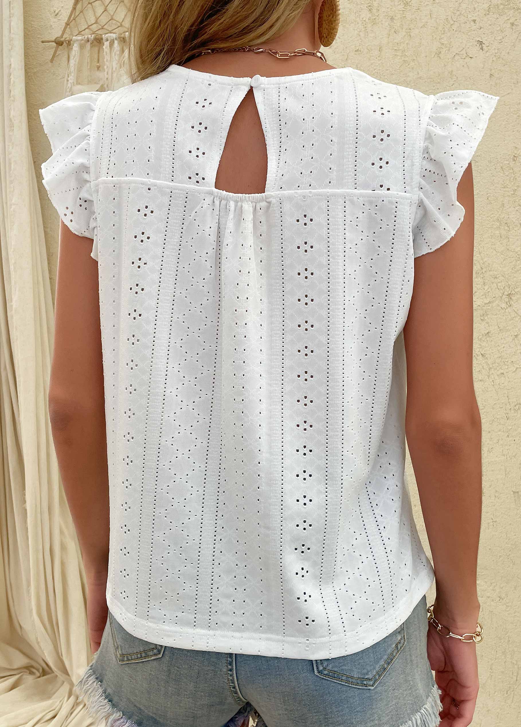 White tops,Plain Color tops,Lace White V Neck Short Sleeve Tank Top