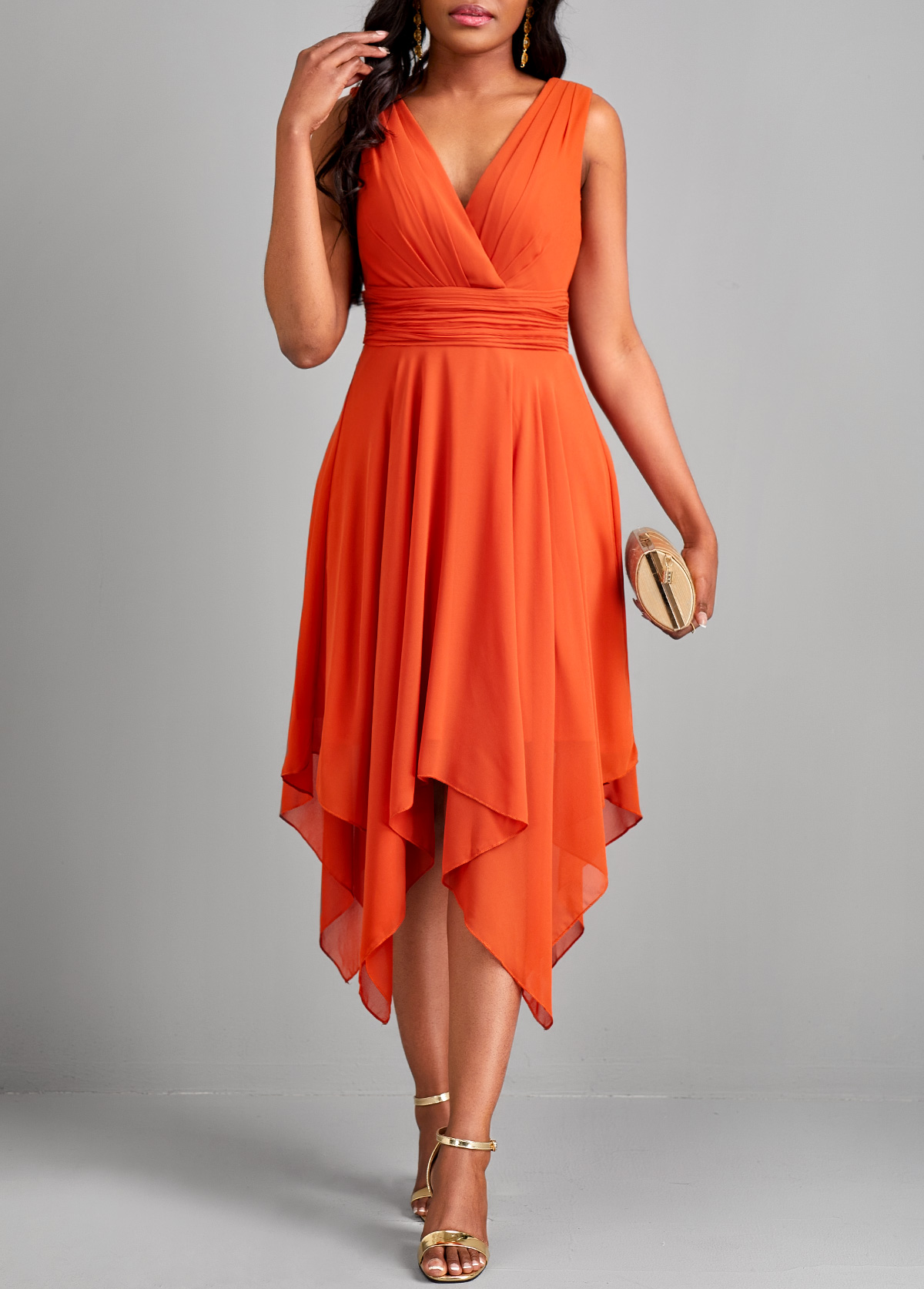 Orange dresses,Plain Color dresses,ROTITA Handkerchief Hem Orange V Neck Sleeveless Dress