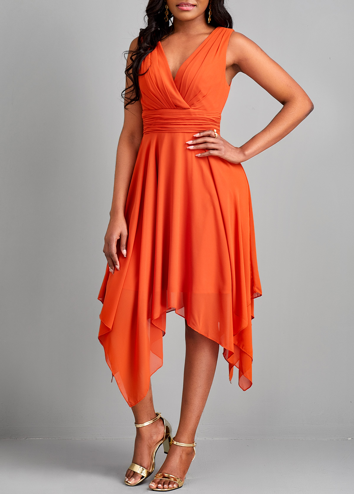 Orange dresses,Plain Color dresses,ROTITA Handkerchief Hem Orange V Neck Sleeveless Dress