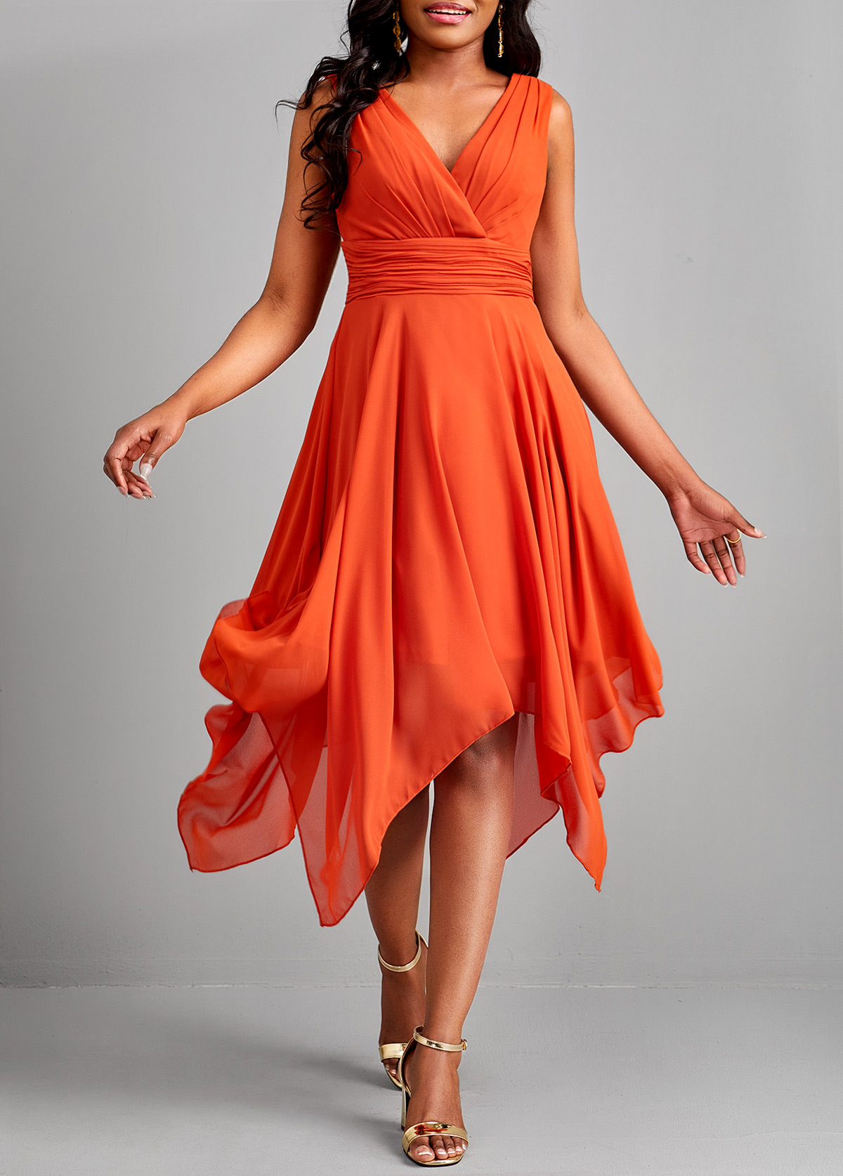 Orange dresses,Plain Color dresses,ROTITA Handkerchief Hem Orange V Neck Sleeveless Dress
