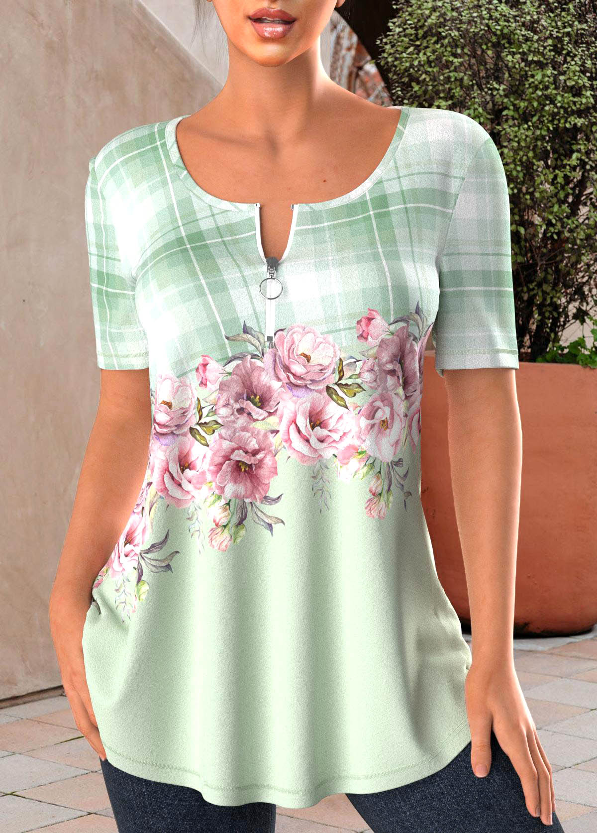 Light Green tops,Floral tops,Plants tops,Geometric tops,Plaid tops,ROTITA Zipper Floral Print Light Green T Shirt