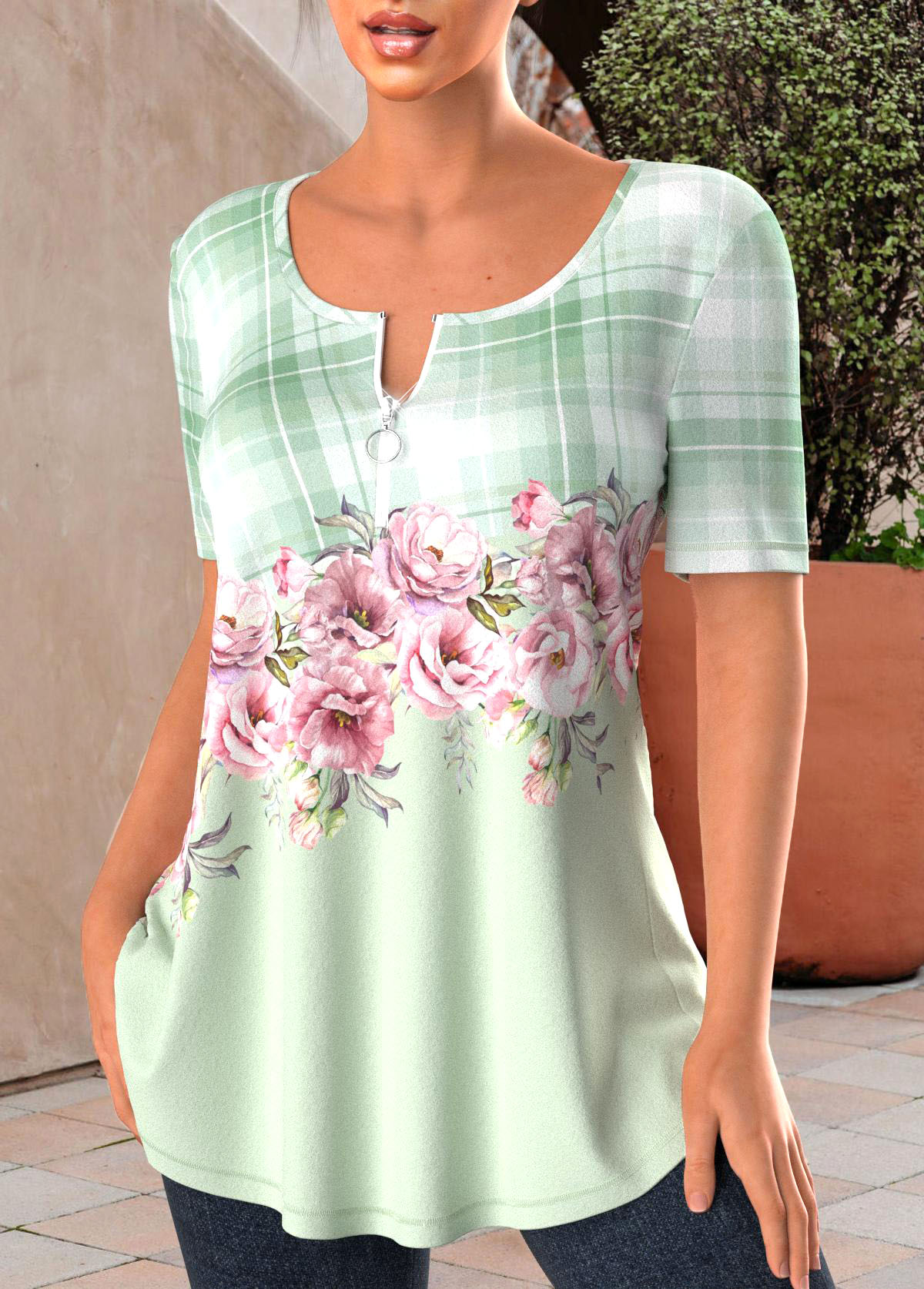 Light Green tops,Floral tops,Plants tops,Geometric tops,Plaid tops,ROTITA Zipper Floral Print Light Green T Shirt
