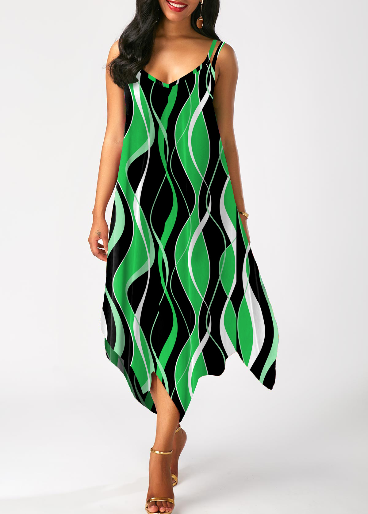 ROTITA Handkerchief Hem Striped Sleeveless Green Dress