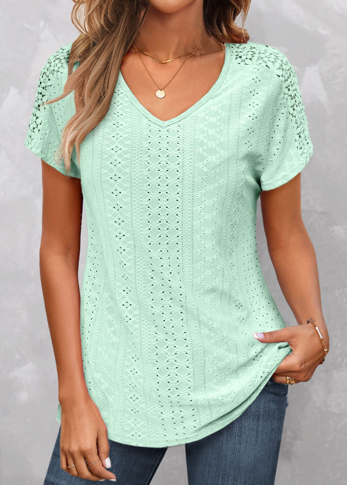 ROTITA Lace Mint Green V Neck T Shirt