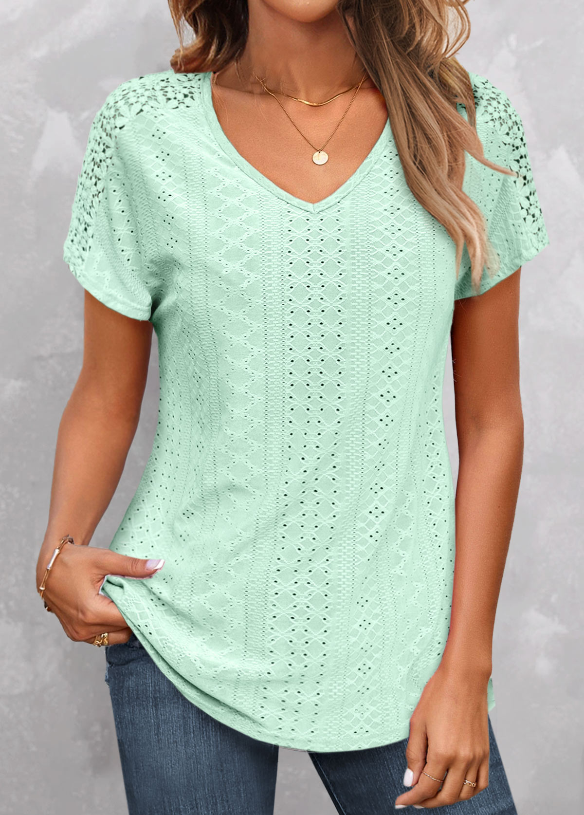 Mint Green plus size,Plain Color plus size,ROTITA Plus Size V Neck Short Sleeve T Shirt