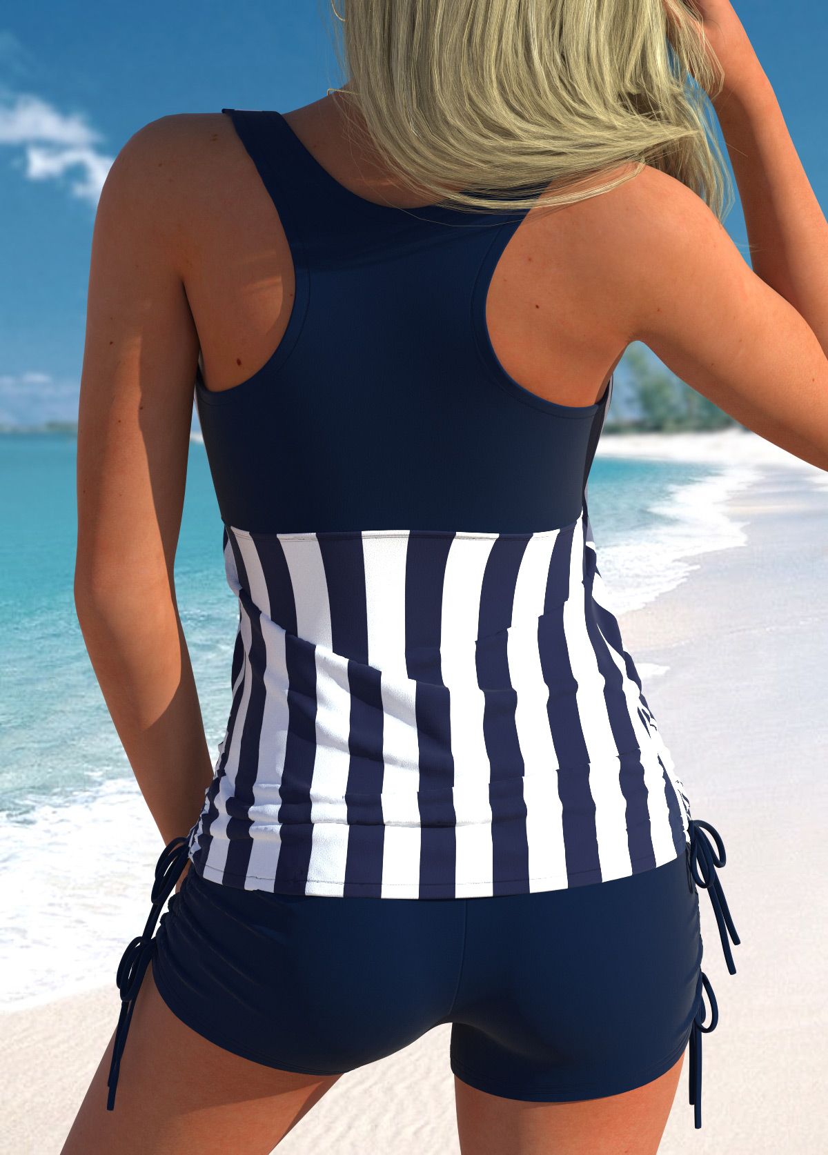 Navy swimwear,White swimwear,Striped swimwear,Geometric swimwear,ROTITA Drawstring Wide Strap Navy Striped Tankini Top