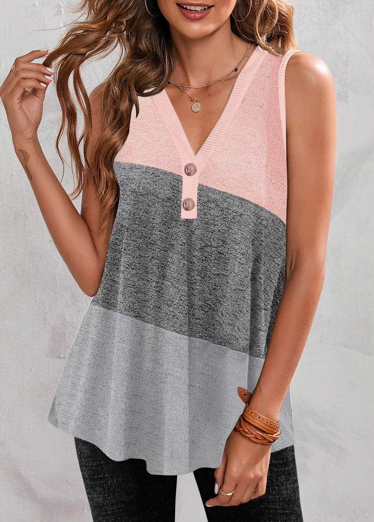 Grey tops,Pink tops,Contrast Color tops,ROTITA Button Grey V Neck Tank Top