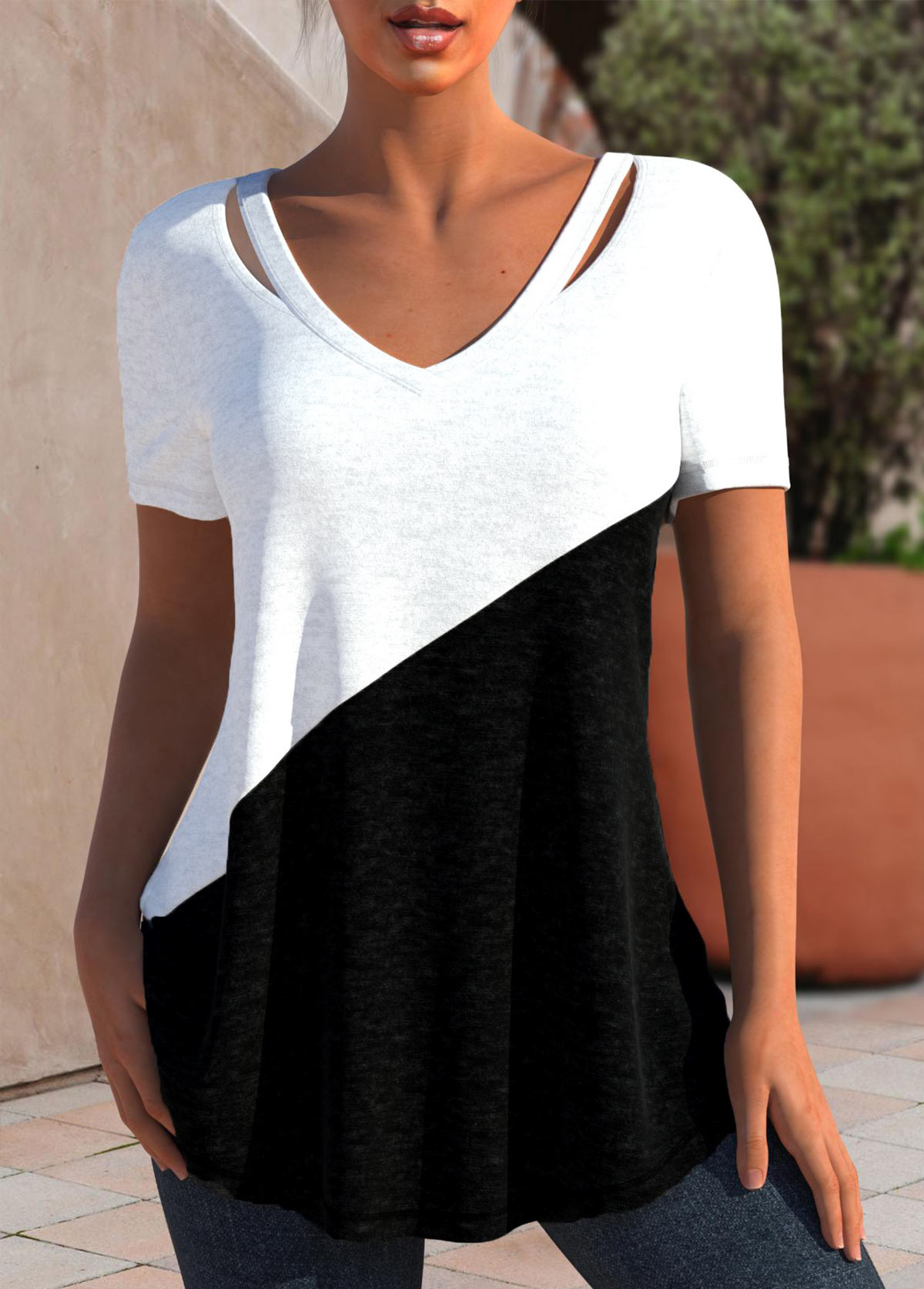 Black tops,White tops,Contrast Color tops,ROTITA Patchwork Black V Neck Short Sleeve T Shirt
