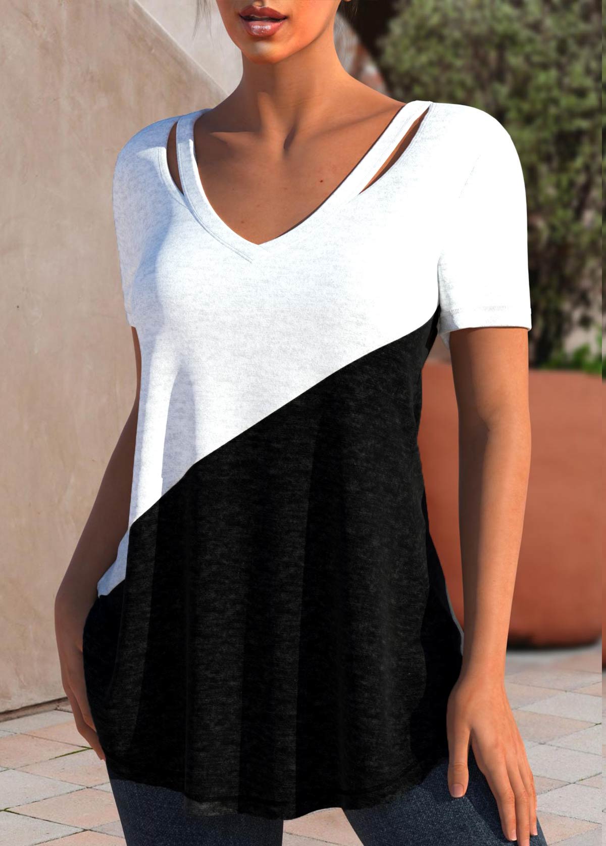 Black tops,White tops,Contrast Color tops,ROTITA Patchwork Black V Neck Short Sleeve T Shirt