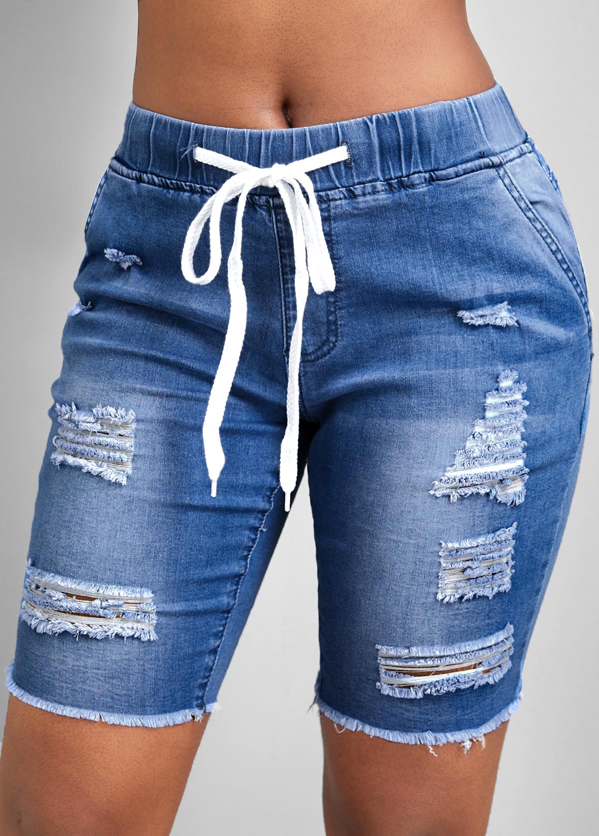 Blue bottoms,Plain Color bottoms,Hole Blue Skinny Elastic Waist Mid Waisted Denim Shorts