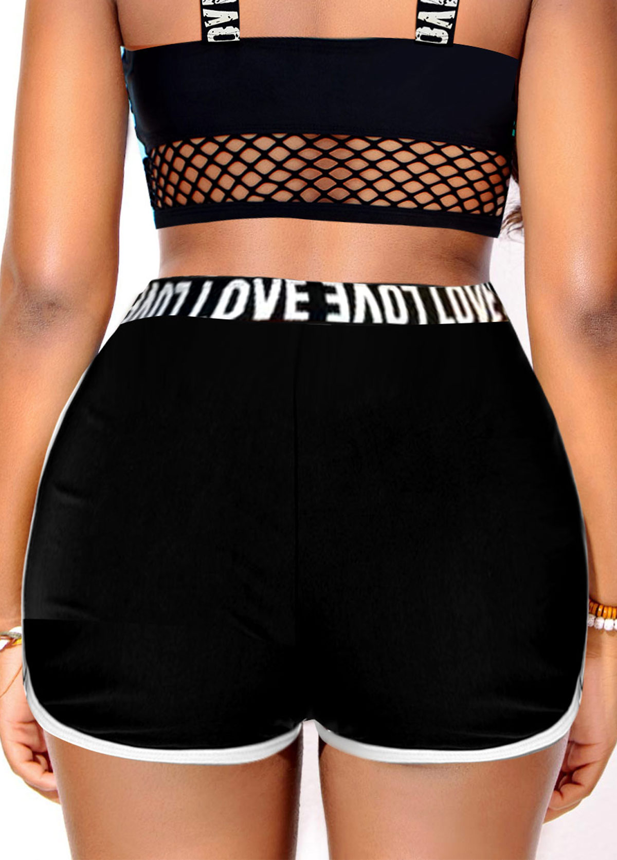 Black swimwear,Letter swimwear,ROTITA Mesh Black Letter Print Bikini Top