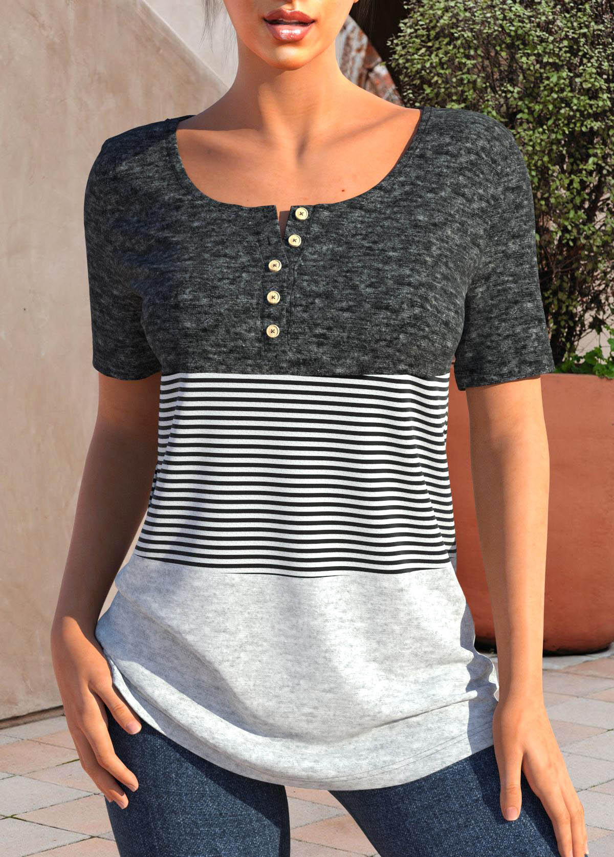 Dark Grey Marl tops,Light Grey Marl tops,Striped tops,Geometric tops,ROTITA Button Striped Dark Grey Marl T Shirt
