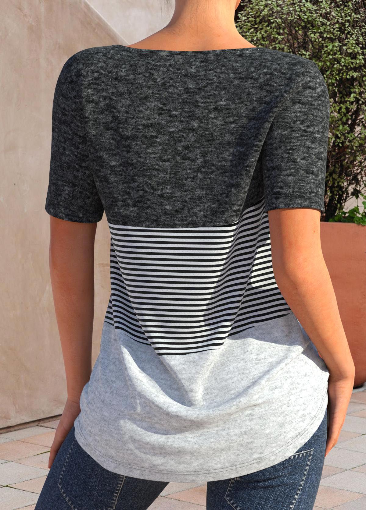 Dark Grey Marl tops,Light Grey Marl tops,Striped tops,Geometric tops,ROTITA Button Striped Dark Grey Marl T Shirt