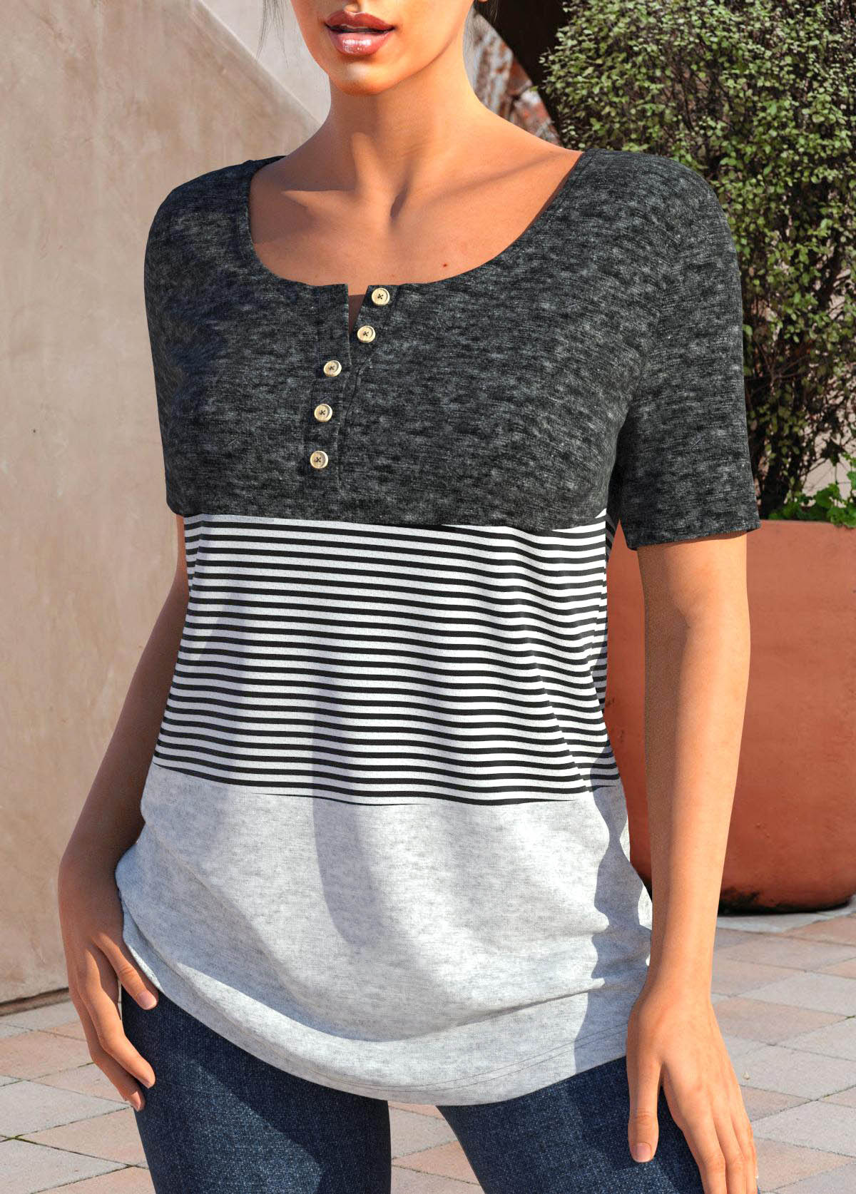 Dark Grey Marl tops,Light Grey Marl tops,Striped tops,Geometric tops,ROTITA Button Striped Dark Grey Marl T Shirt