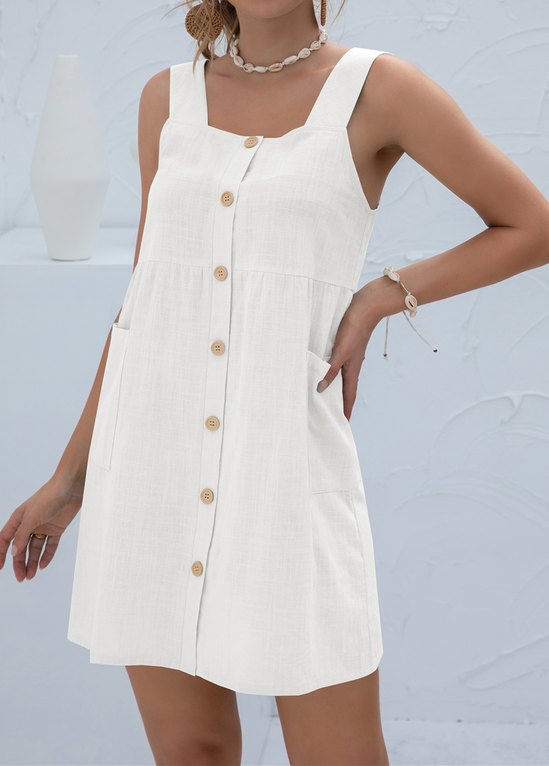 White dresses,Plain Color dresses,Button White Short A Line Square Neck Dress