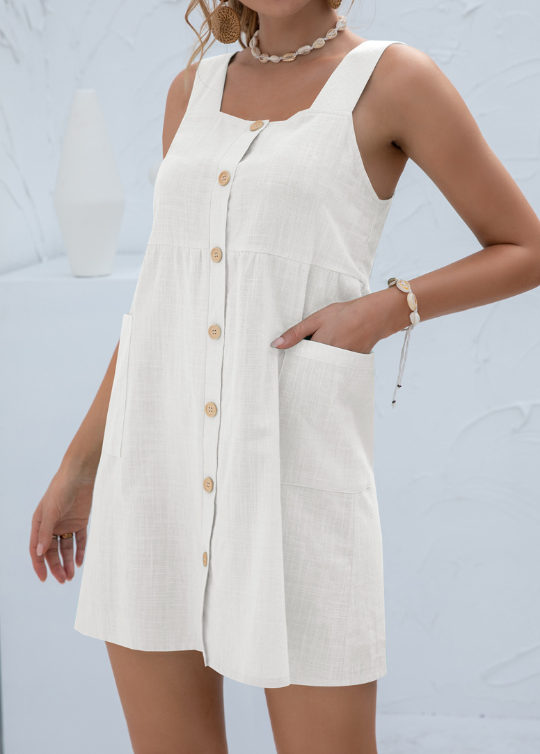 White dresses,Plain Color dresses,Button White Short A Line Square Neck Dress