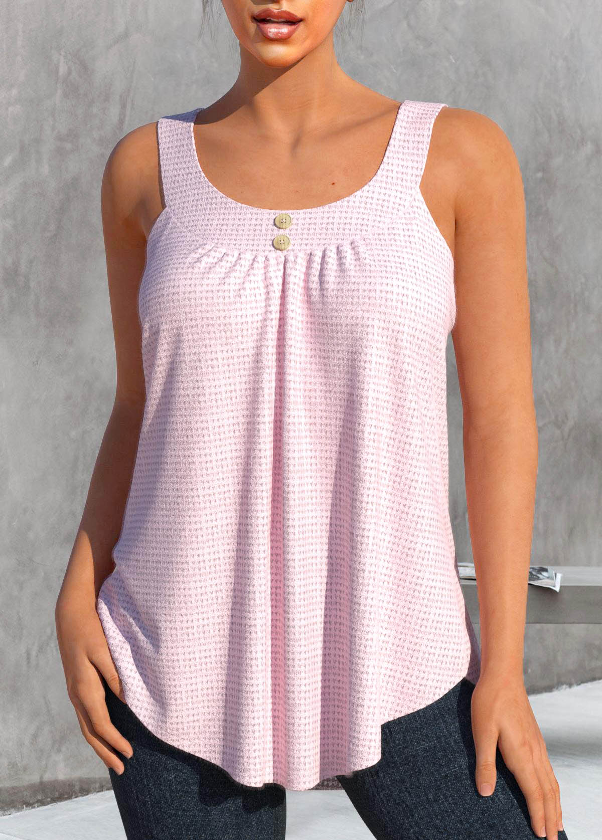 Light Pink tops,Plain Color tops,ROTITA Button Light Pink Scoop Neck Tank Top