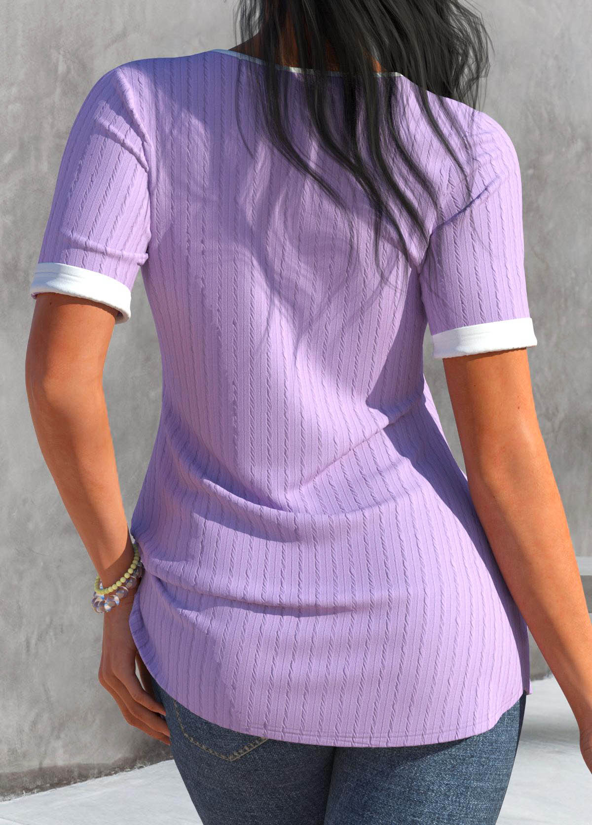 Light Purple tops,Contrast Color tops,ROTITA Button Light Purple Scoop Neck T Shirt