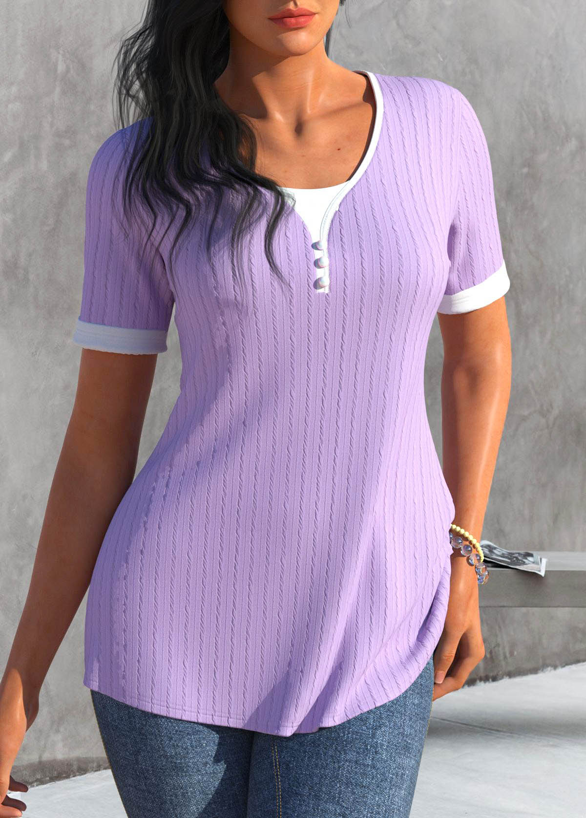 Light Purple tops,Contrast Color tops,ROTITA Button Light Purple Scoop Neck T Shirt