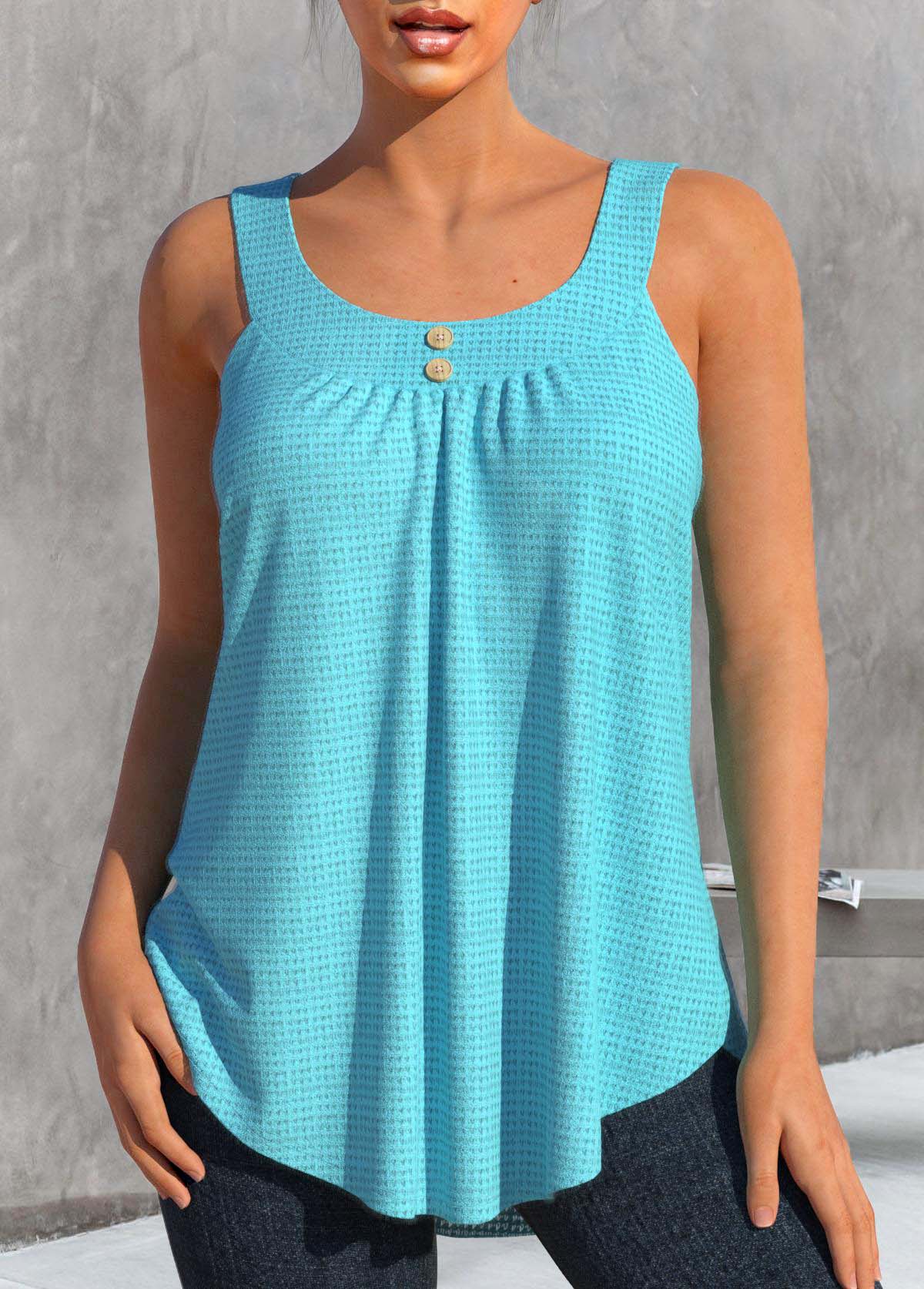 Mint Green tops,Plain Color tops,ROTITA Button Mint Green Scoop Neck Tank Top