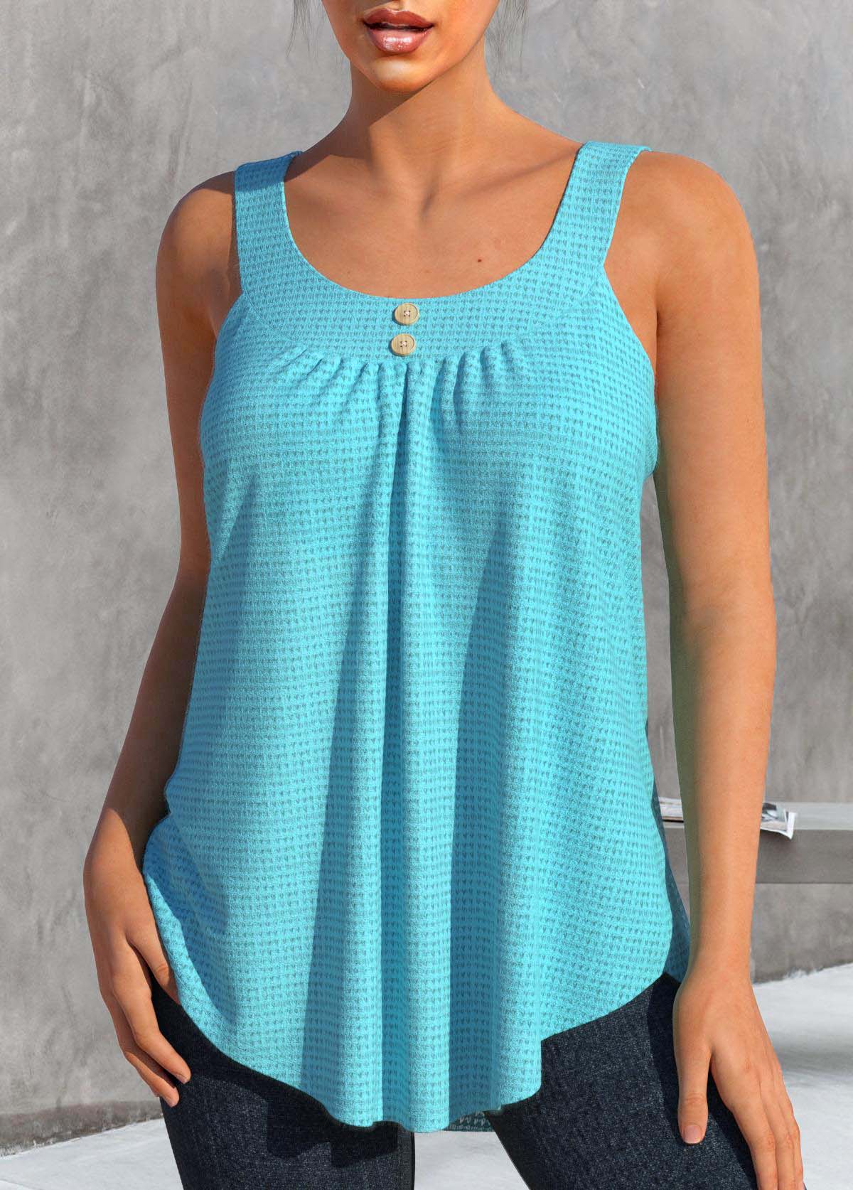Mint Green tops,Plain Color tops,ROTITA Button Mint Green Scoop Neck Tank Top