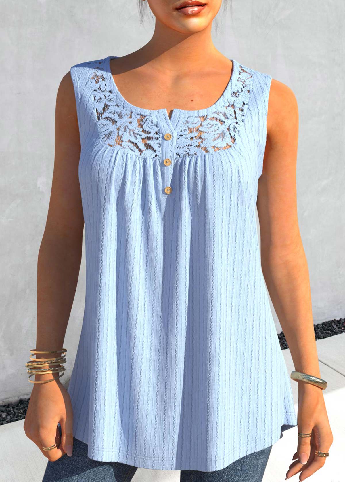 Light Blue tops,Plain Color tops,ROTITA Lace Light Blue Split Neck Tank Top