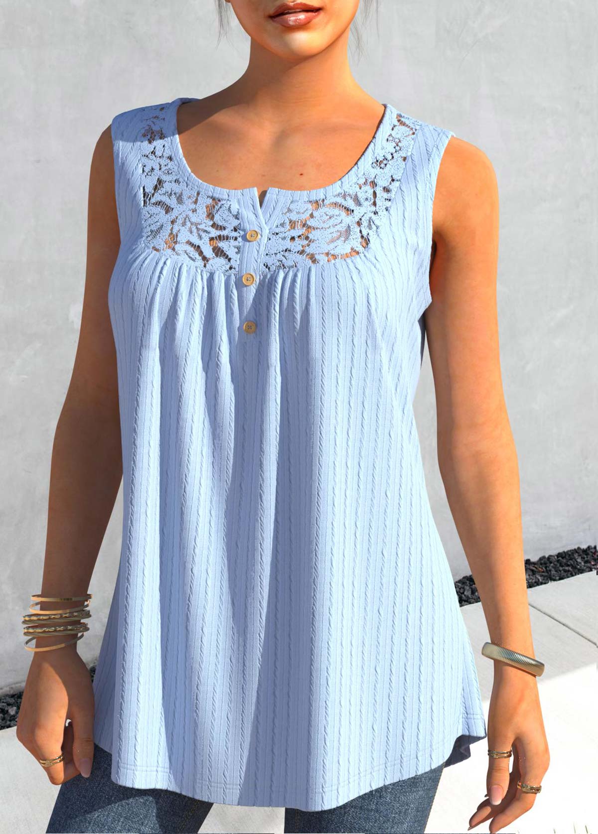 Light Blue tops,Plain Color tops,ROTITA Lace Light Blue Split Neck Tank Top