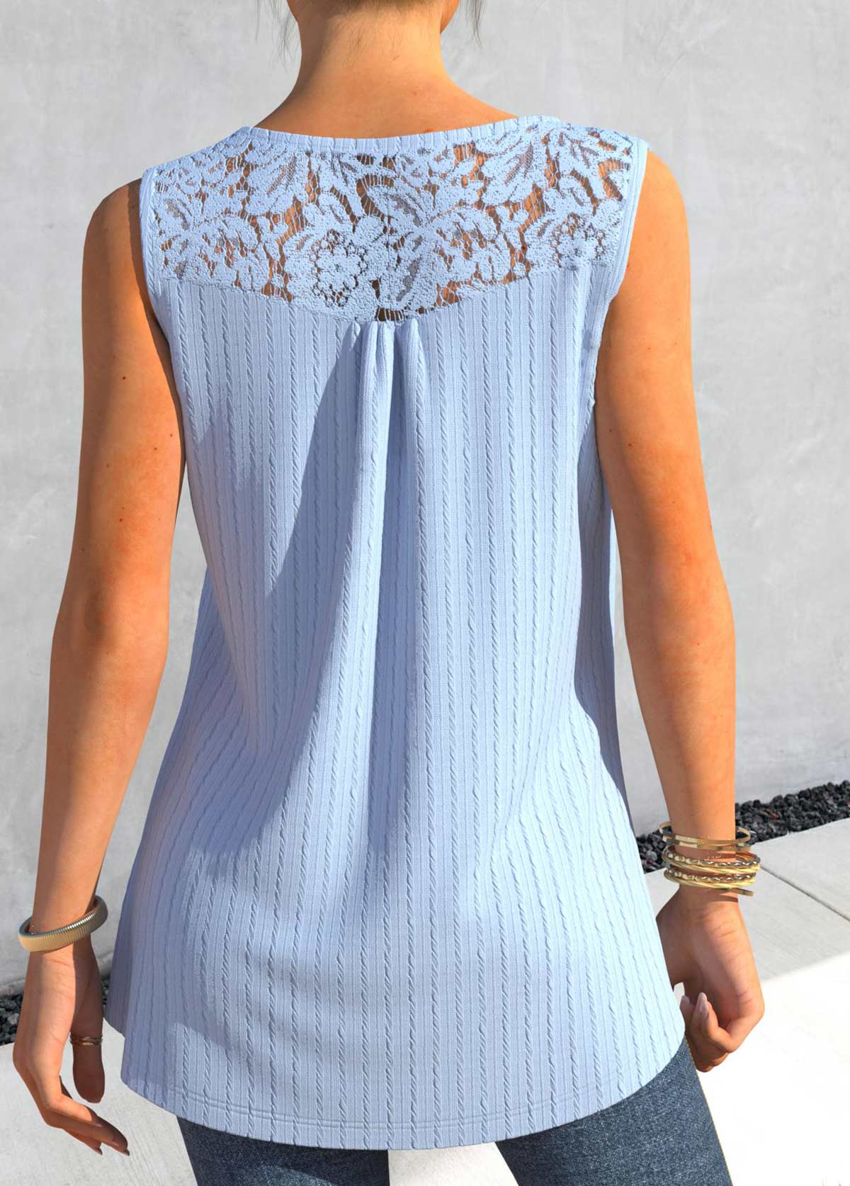 Light Blue tops,Plain Color tops,ROTITA Lace Light Blue Split Neck Tank Top