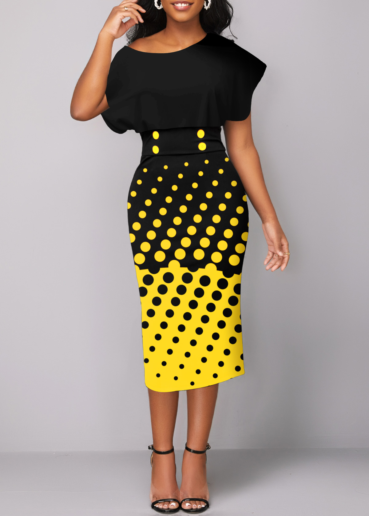 Yellow dresses,Black dresses,Dot dresses,ROTITA Polka Dot Yellow Round Neck Dress