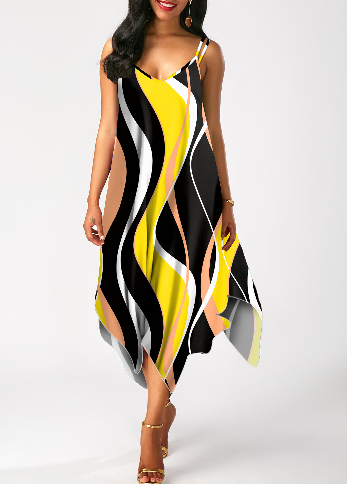 ROTITA Handkerchief Hem Wave Pattern Print Multi Color Dress