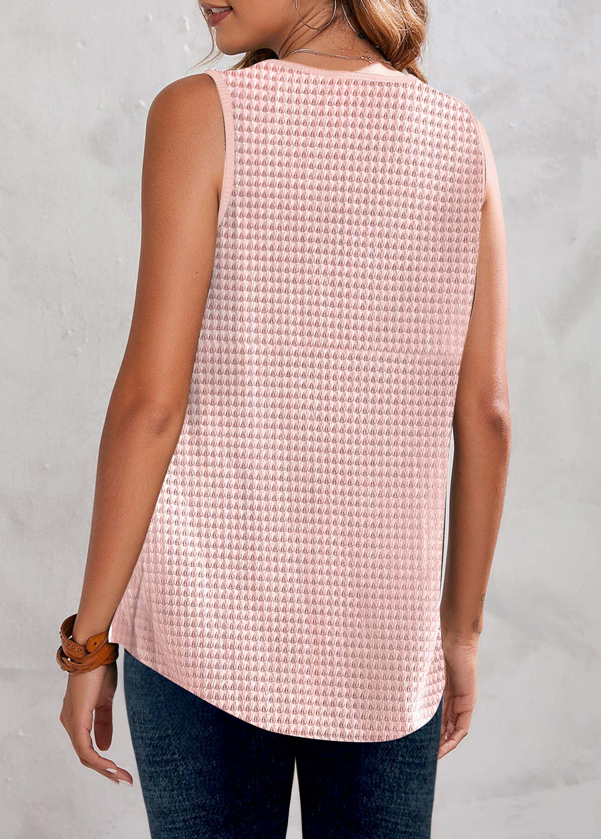 Pink tops,Plain Color tops,ROTITA Button Pink V Neck Tank Top