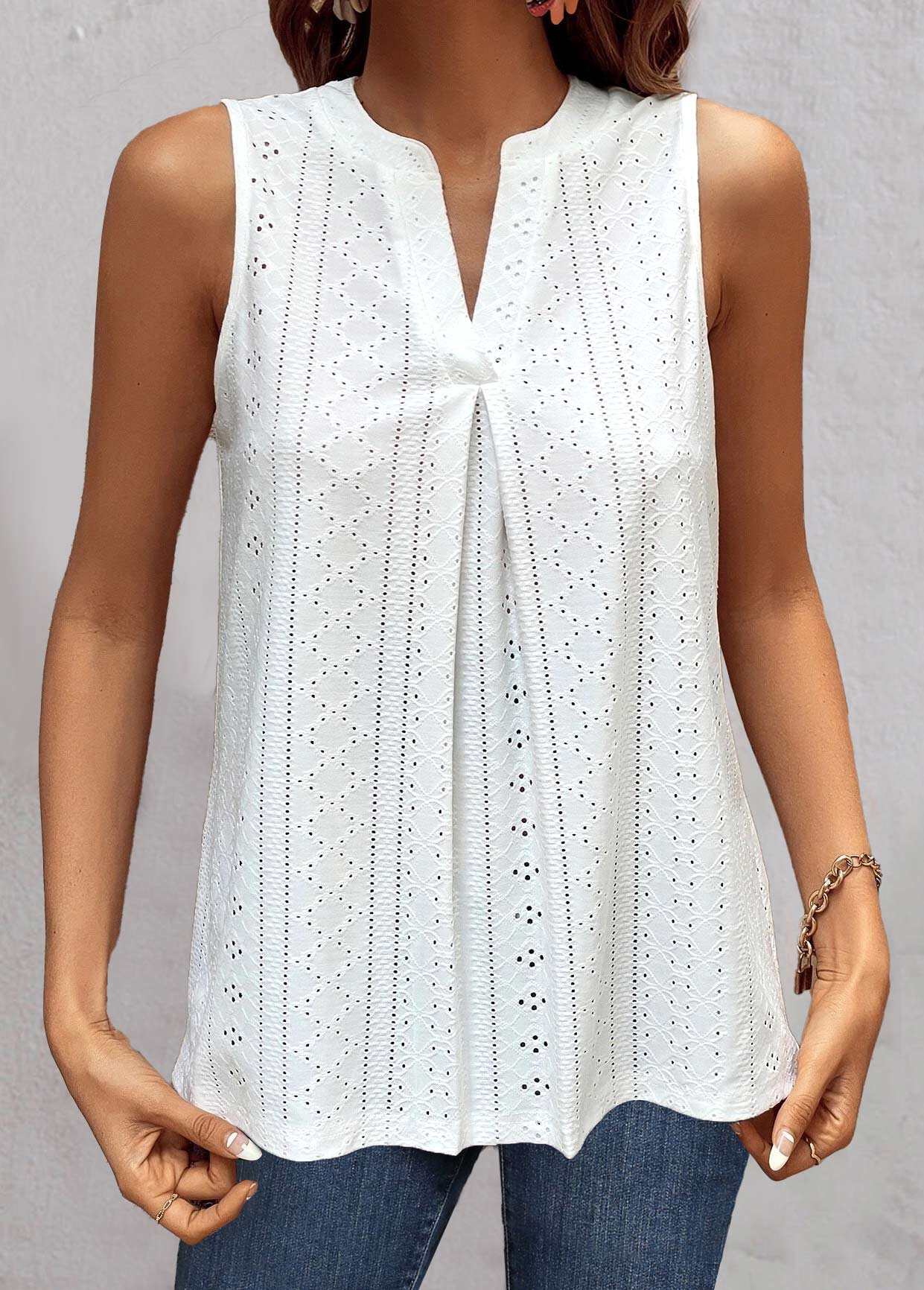 White tops,Plain Color tops,ROTITA White Split Neck Sleeveless Tank Top