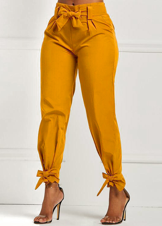 Yellow bottoms,Plain Color bottoms,ROTITA Belted Elastic Mid Waisted Black Pants