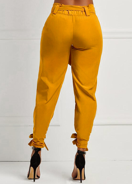 Yellow bottoms,Plain Color bottoms,ROTITA Belted Elastic Mid Waisted Black Pants