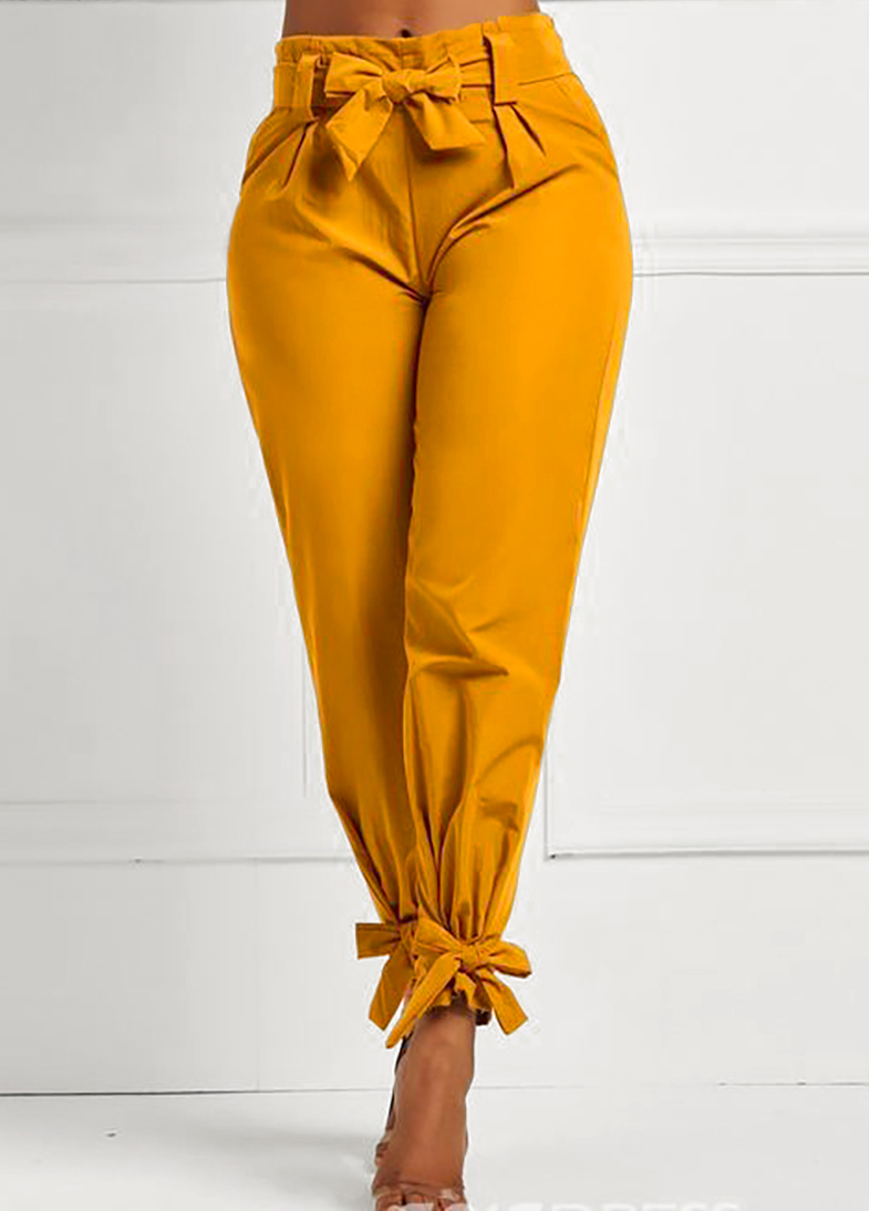 Yellow bottoms,Plain Color bottoms,ROTITA Belted Elastic Mid Waisted Black Pants