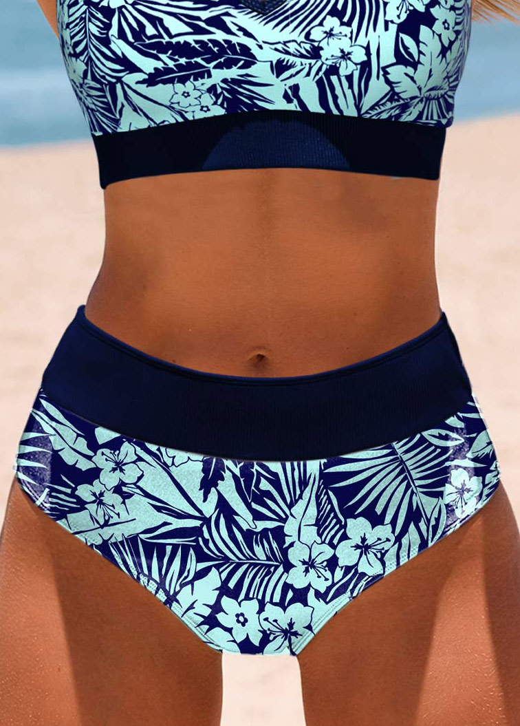 Cyan swimwear,Floral swimwear,Plants swimwear,ROTITA Cut Out Cyan Floral Print Bikini Top
