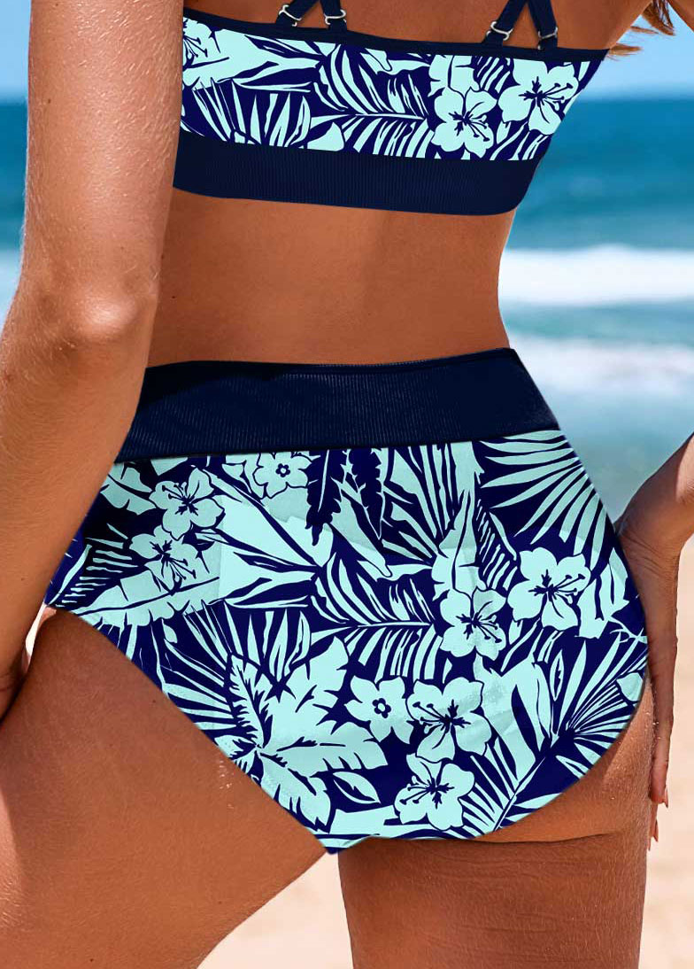 Cyan swimwear,Floral swimwear,Plants swimwear,ROTITA Cut Out Cyan Floral Print Bikini Top