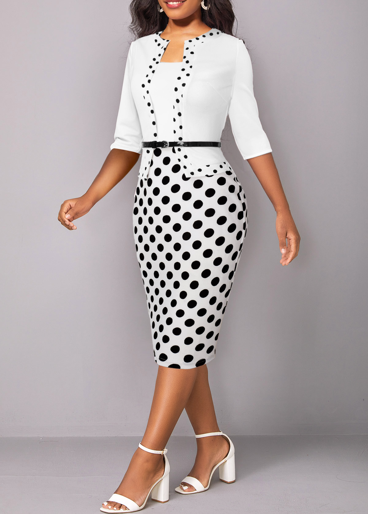 White dresses,Black dresses,Dot dresses,ROTITA Patchwork Polka Dot White Square Neck Bodycon Dress