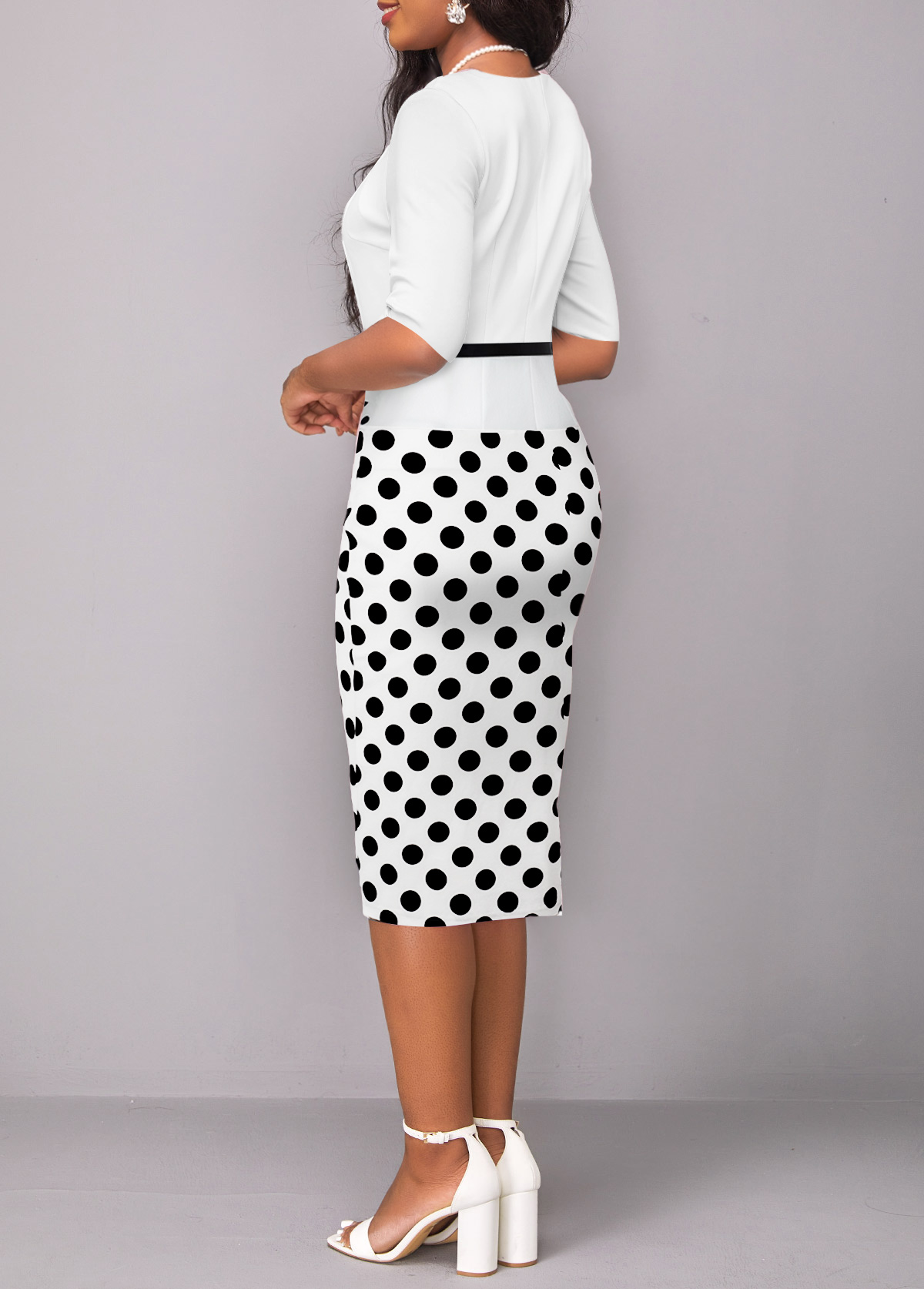 White dresses,Black dresses,Dot dresses,ROTITA Patchwork Polka Dot White Square Neck Bodycon Dress