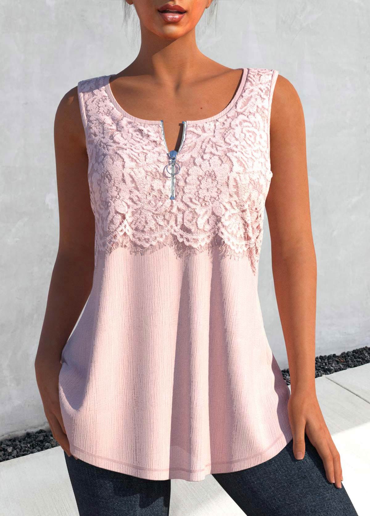 Light Pink tops,Plain Color tops,ROTITA Lace Light Pink Round Neck Tank Top