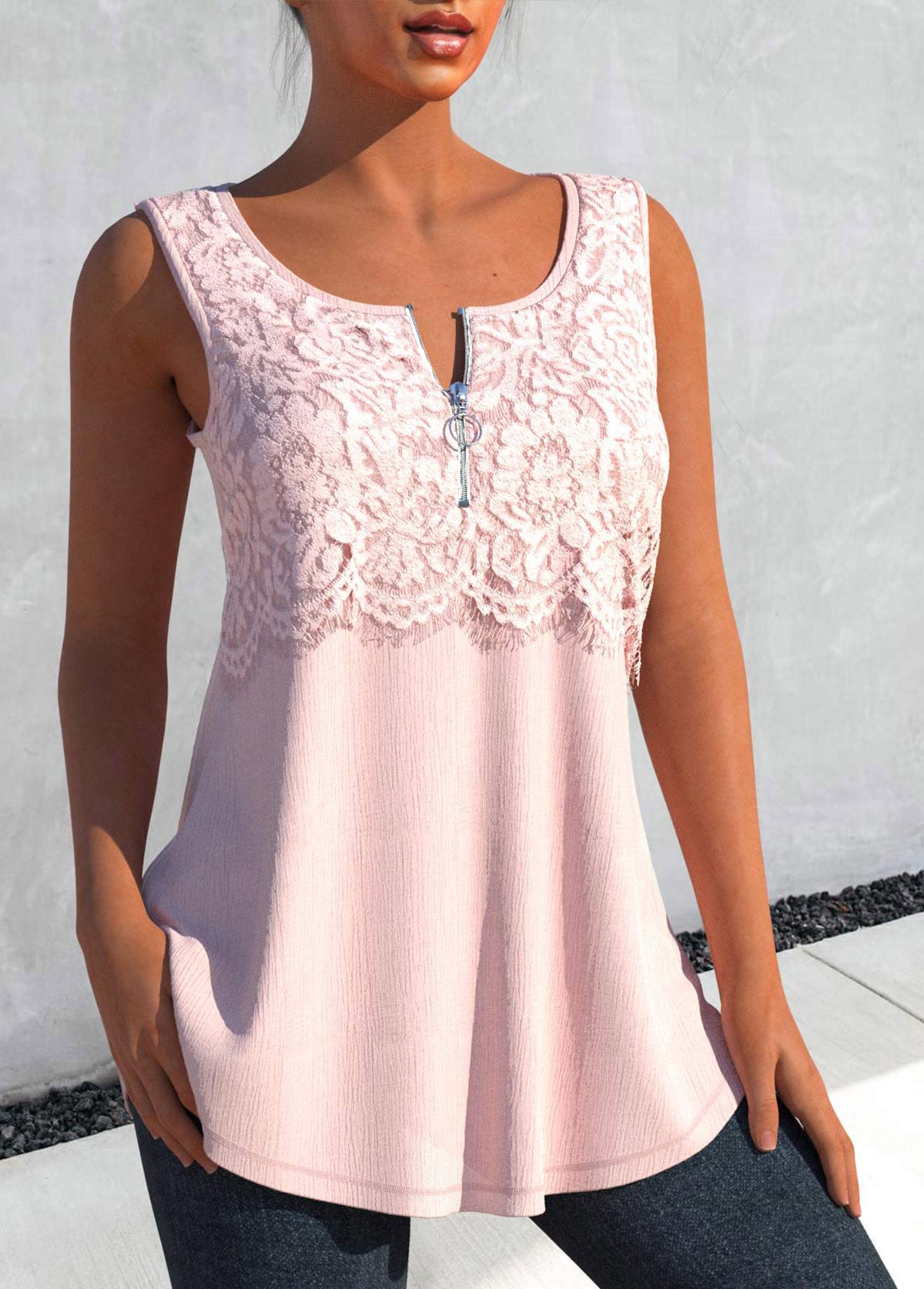 Light Pink tops,Plain Color tops,ROTITA Lace Light Pink Round Neck Tank Top