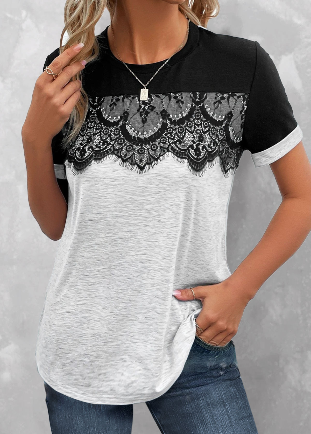 ROTITA Lace Grey Round Neck Short Sleeve T Shirt